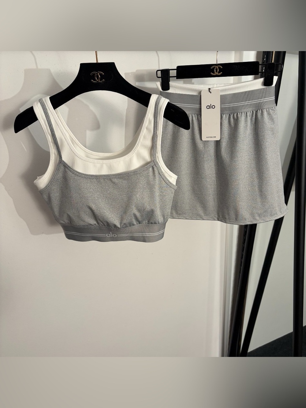 ALO Yoga Grey and White Ribbed Layered Bralette Set